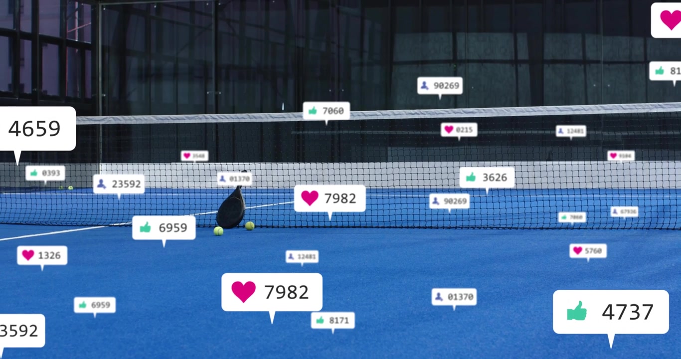 Heart icon appearing above racket and balls with overlays clustering drifting fading for metrics