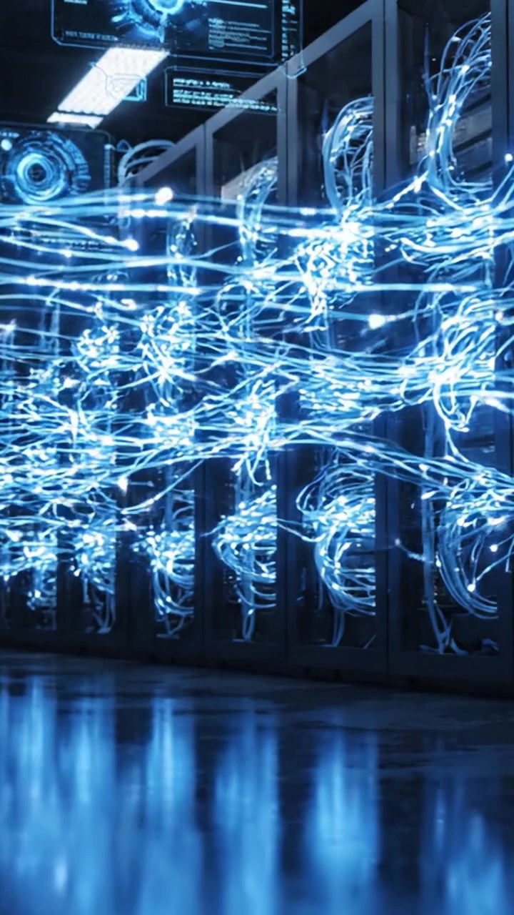 Dynamic Data Flow in a Modern Data Center: Observing the Vibrant Movement of Light-Coded Information Through Network Cables in a High-Performance Computing Environment