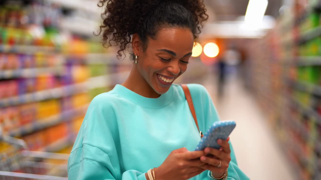 Eine fröhliche Frau im Supermarktgang überprüft ihr Handy. Aus Augenhöhe gefilmt, im Videostil.