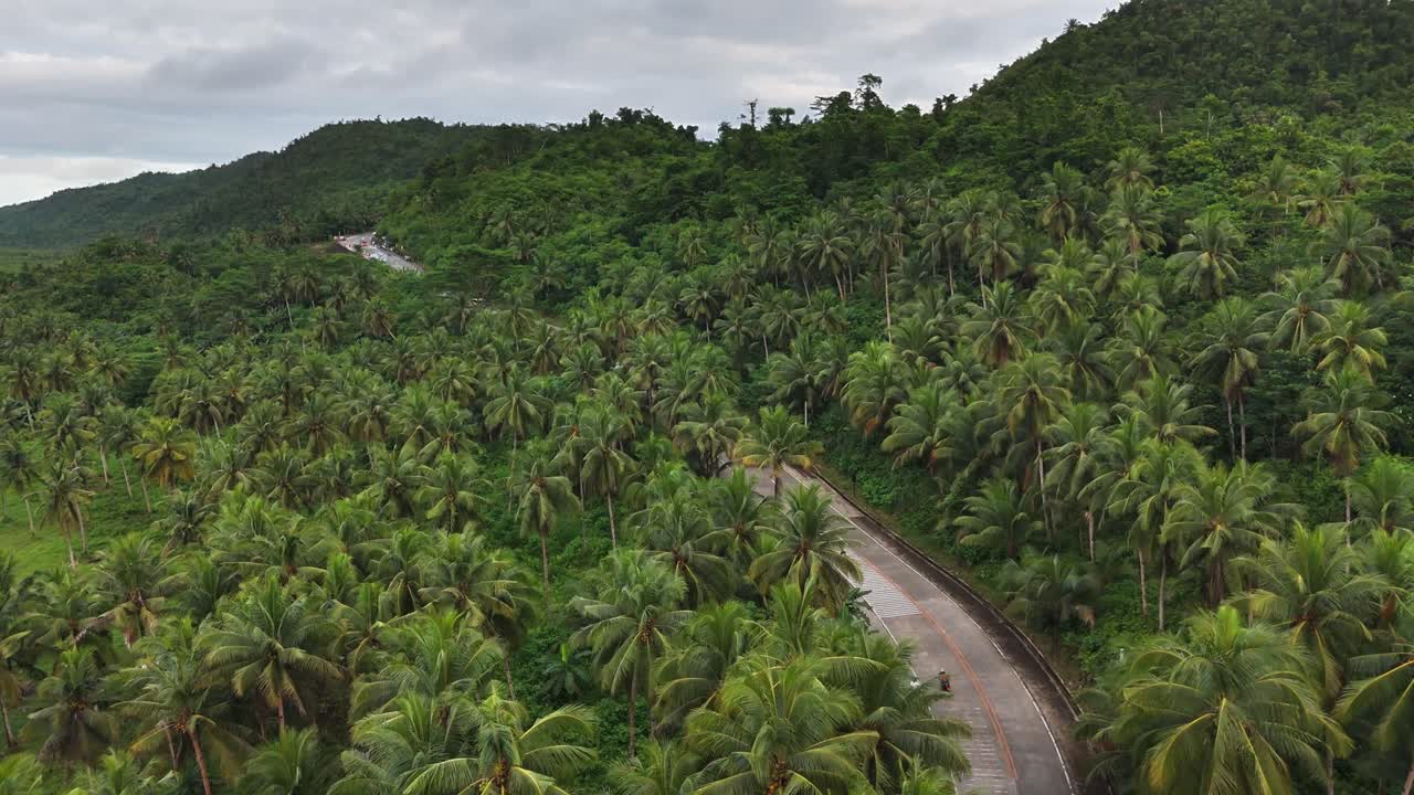 Aerial view of winding road passing through dense coconut plantation and lush green hills in Maasin Basin, Siargao, Philippines, under cloudy sky, with tropical forest stretching into the distance