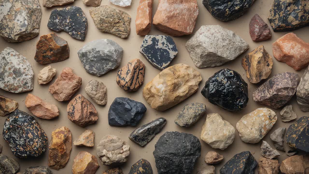 La fotocamera riprende dall'alto rocce e frammenti su un foglio beige neutro, stringendo per rivelare le texture