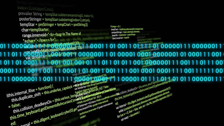 In school, child learning programming with binary code and animation on screen