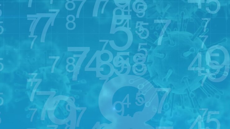 Covid-19 cells and numbers moving against blue background