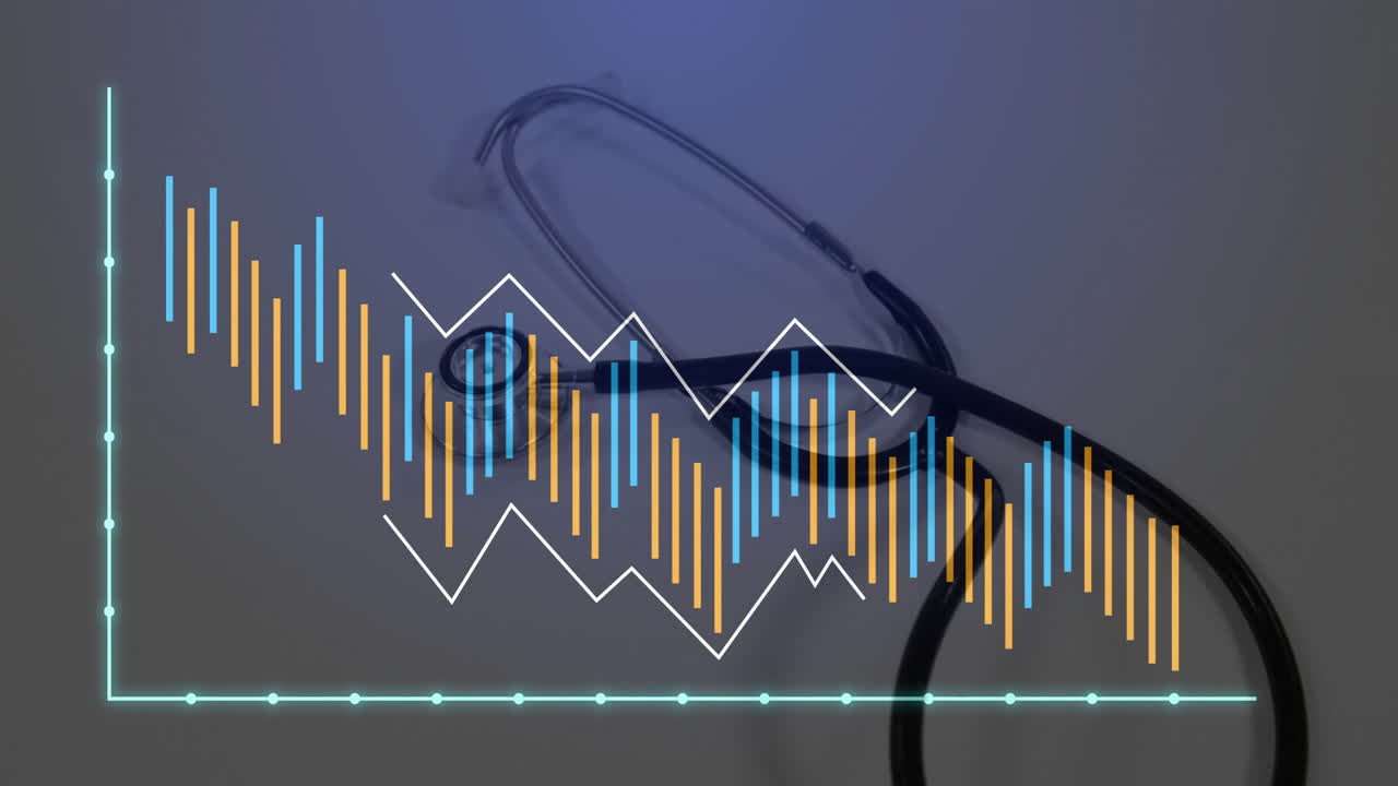 Medical stethoscope lying flat on gray desk while flat design charts, line graph and axes animating