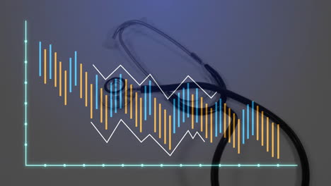 medical stethoscope lying flat on gray desk while flat design charts, line graph and axes animating