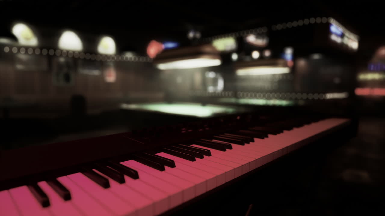 Jazz musicians playing in a dimly lit club with colorful lights late at night