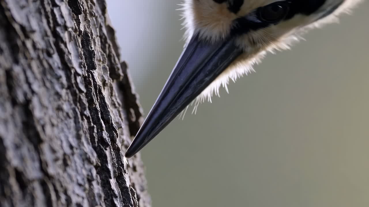 Close-up of a bird's beak on a tree trunk