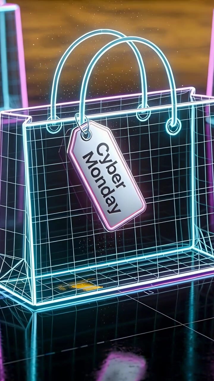 Vertical video: Pulsing neon bag reacting to neon pulse on glossy floor, showing Cyber Monday tag