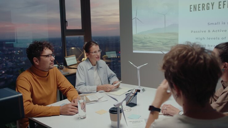 equipo de empresarios viendo una presentación sobre energía sostenible y teniendo discusión durante la reunión de la oficina por la noche