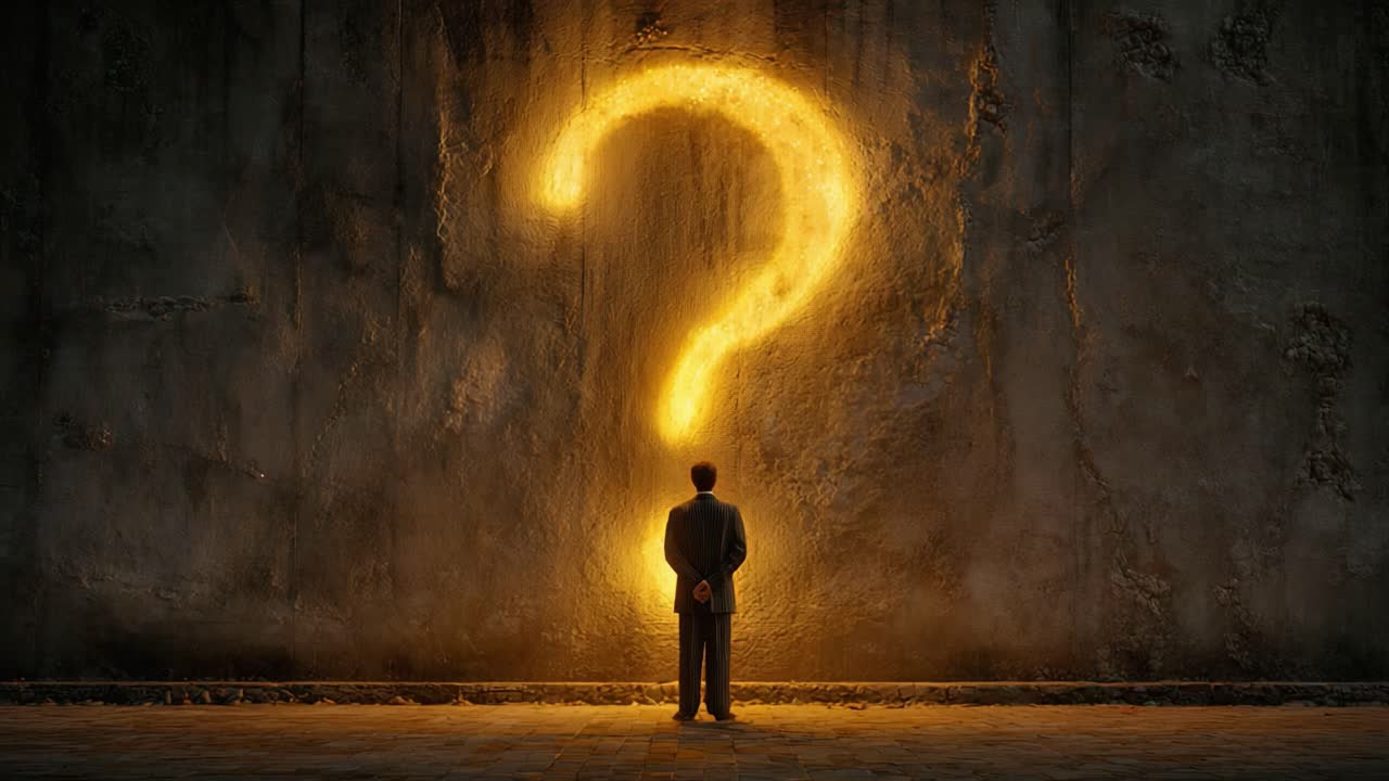 A solitary figure contemplates a glowing question mark on a textured wall, symbolizing curiosity and the pursuit of understanding in a mysterious setting