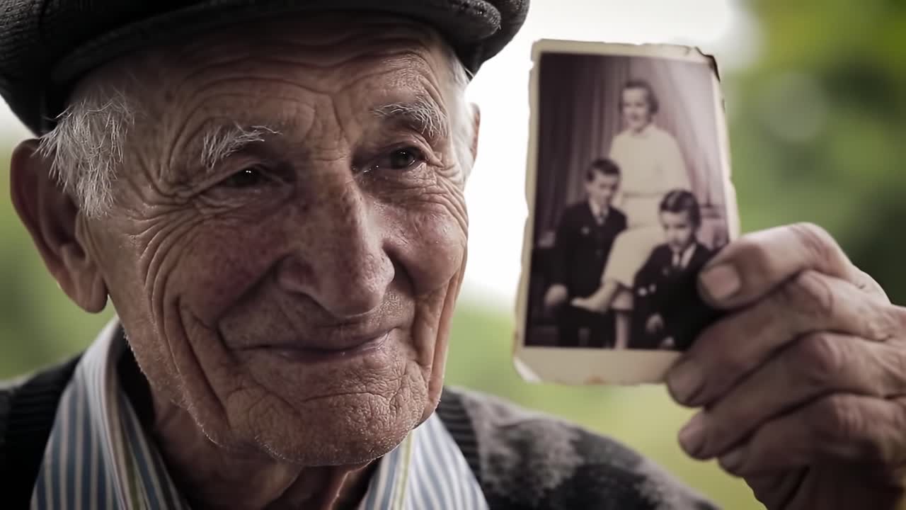 Un uomo anziano ricorda i tempi passati mentre stringe una fotografia d'epoca, evocando ricordi del suo passato con famiglia e amici immortalati in un momento speciale