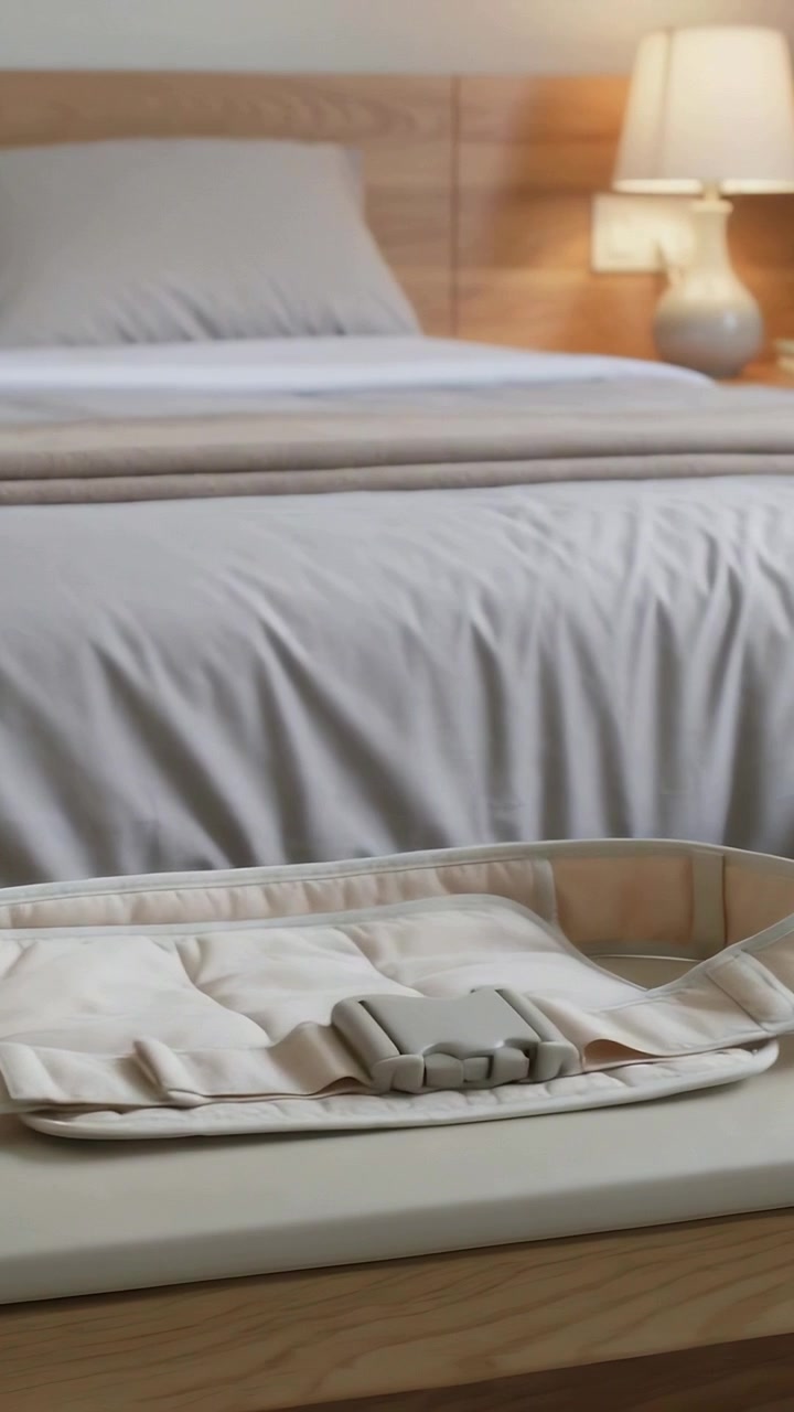 Vertical video: Sliding camera revealing beige padded mat on bench at foot of gray bed, with buckle