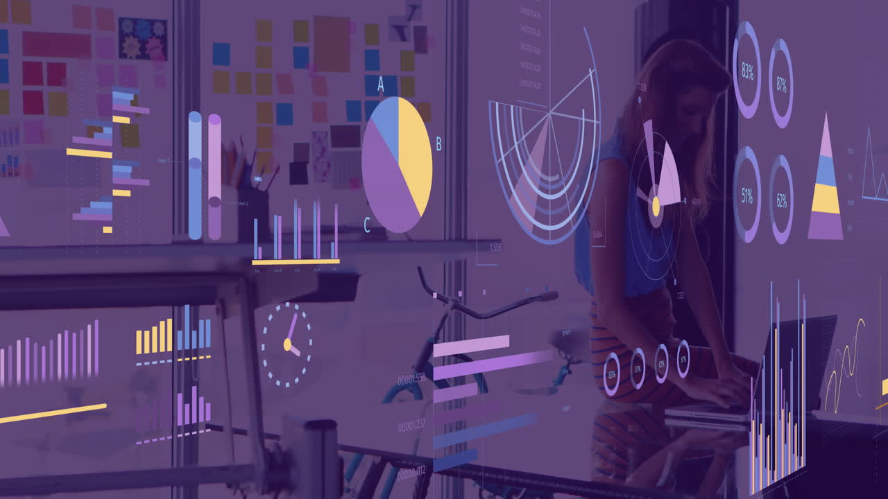 Animation of financial data processing over caucasian businesswoman in office