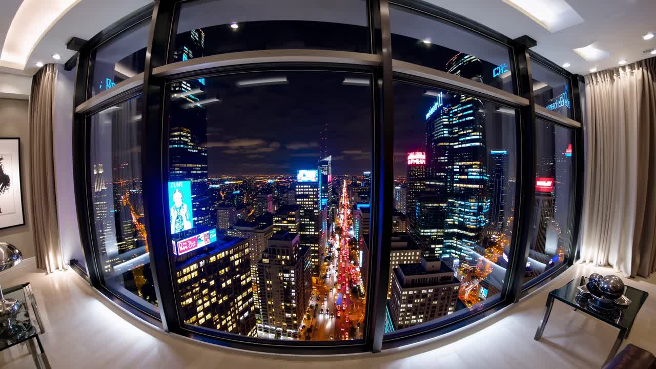 Modern, luxurious penthouse apartment offering stunning panoramic views of a vibrant city's illuminated skyline at night, creating a sophisticated and relaxing ambiance