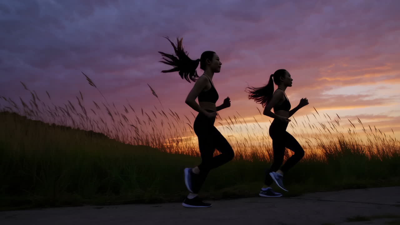 Two women running in silhouette at sunset