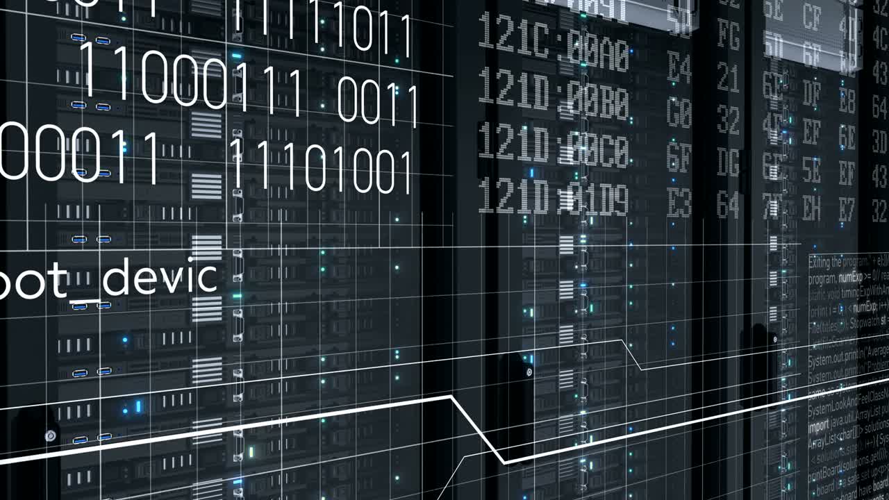 Beautiful Working Rack Servers Close-up with Coding Animation in Modern Data Center Cloud Computing Process. Digital Technology Concept. 3d animation 4k Ultra HD 3840x2160.