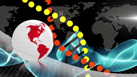 Animation-of-globe-with-dna-strand-spinning-over-globe-and-world-map