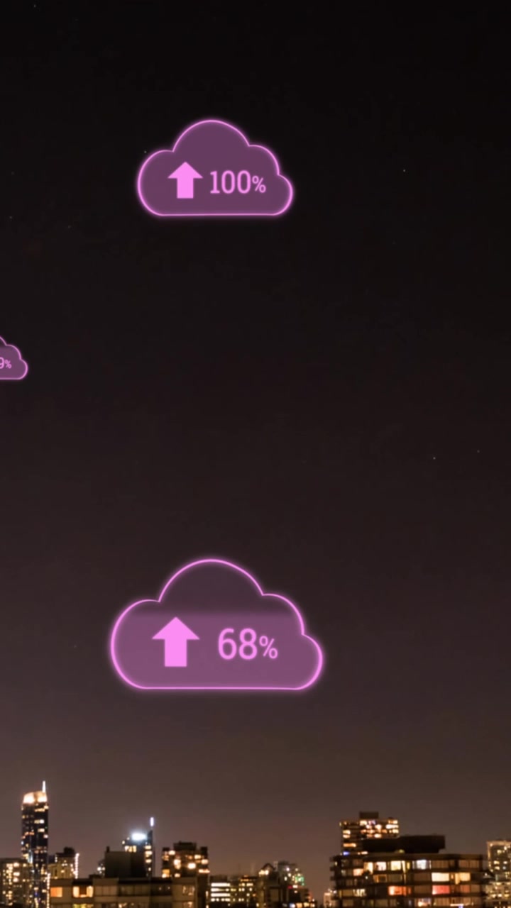 Animation of pink clouds with arrows and percent growing over cityscape background