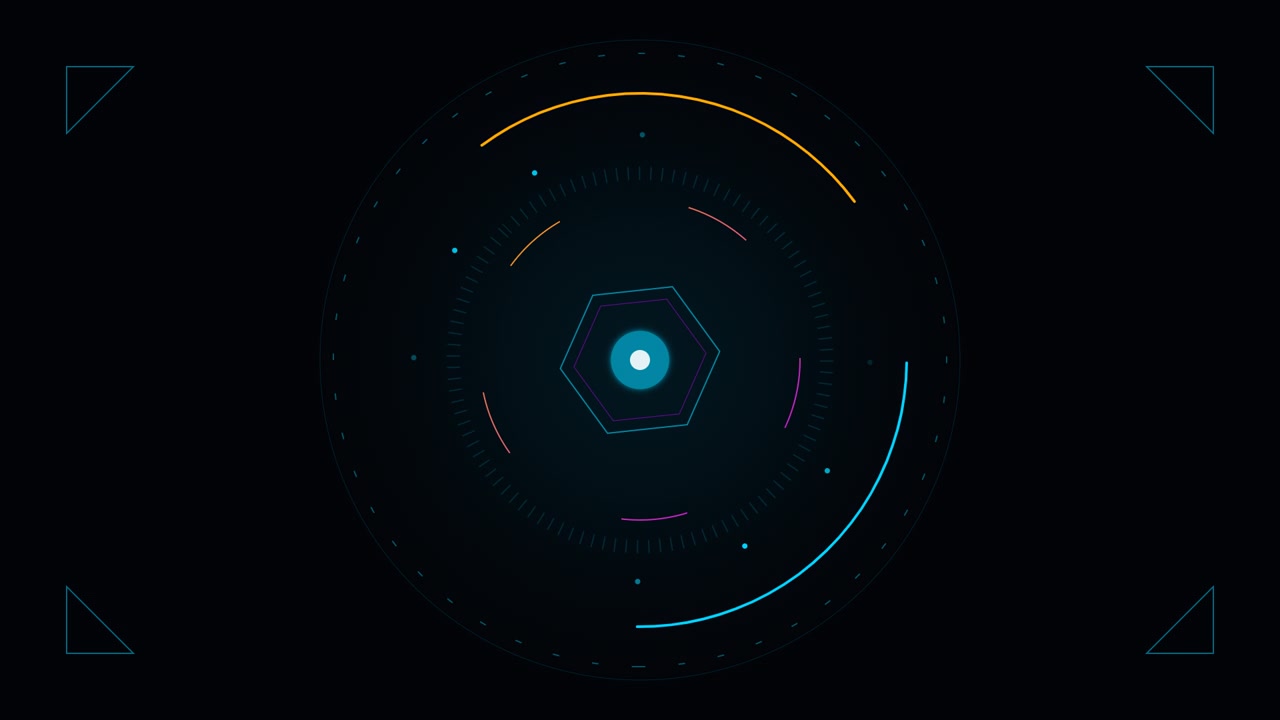 Futuristic Digital HUD Interface with Rotating Hexagon and Circular Elements