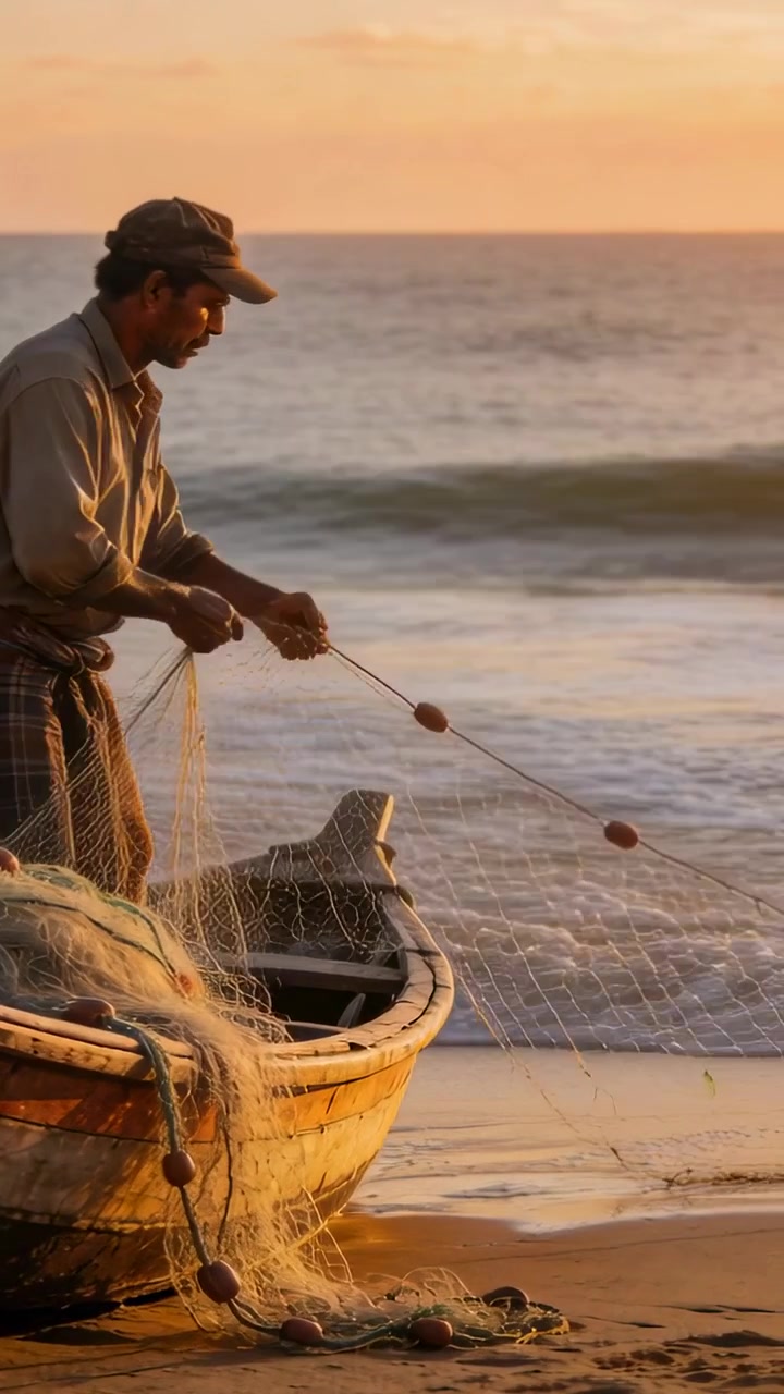Video vertical: Clasificando la red tras la vuelta, pescador con gorra tirando de flotadores junto al barco, espacio para texto.