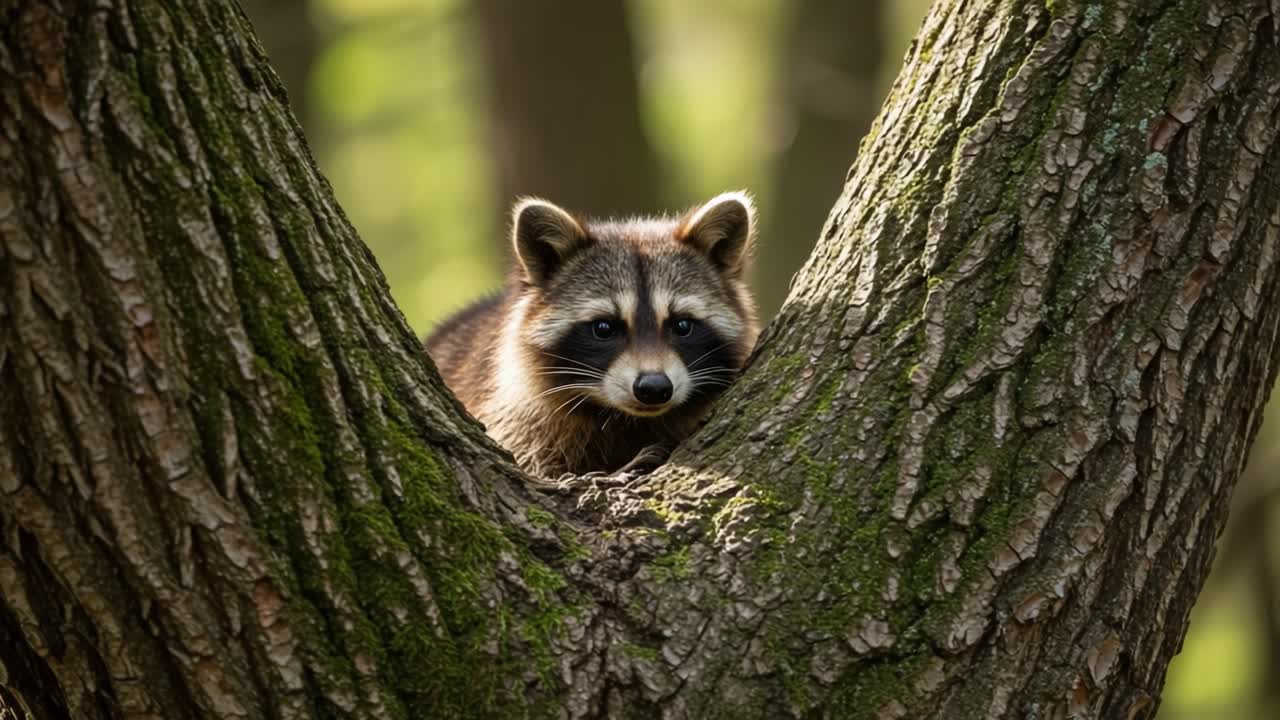 A raccoon peeking from a tree trunk