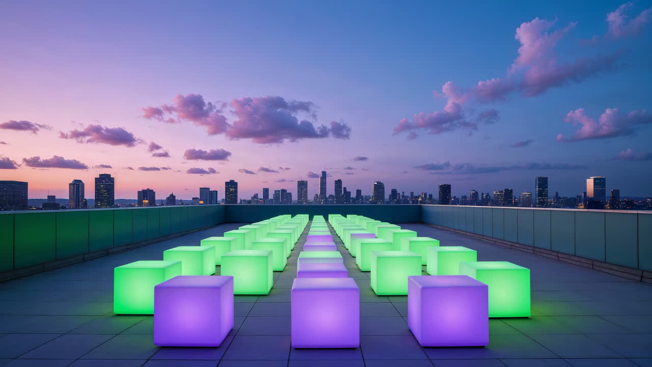 Rooftop Cityscape with Illuminated Cubes at Dusk