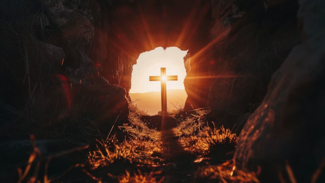 A cross silhouetted against a sunrise, viewed from a low angle inside a cave, creating a dramatic