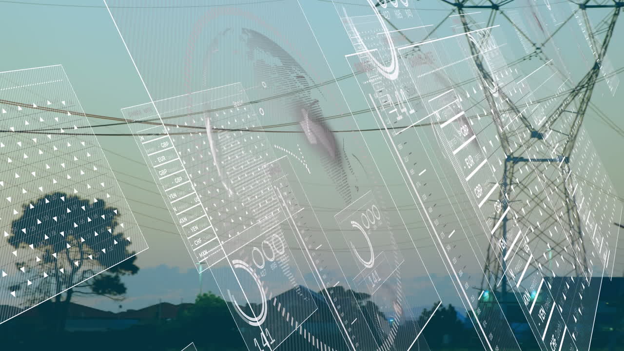 도시 풍경 위의 데이터 처리 애니메이션