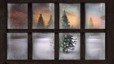 Winter scenery seen through window