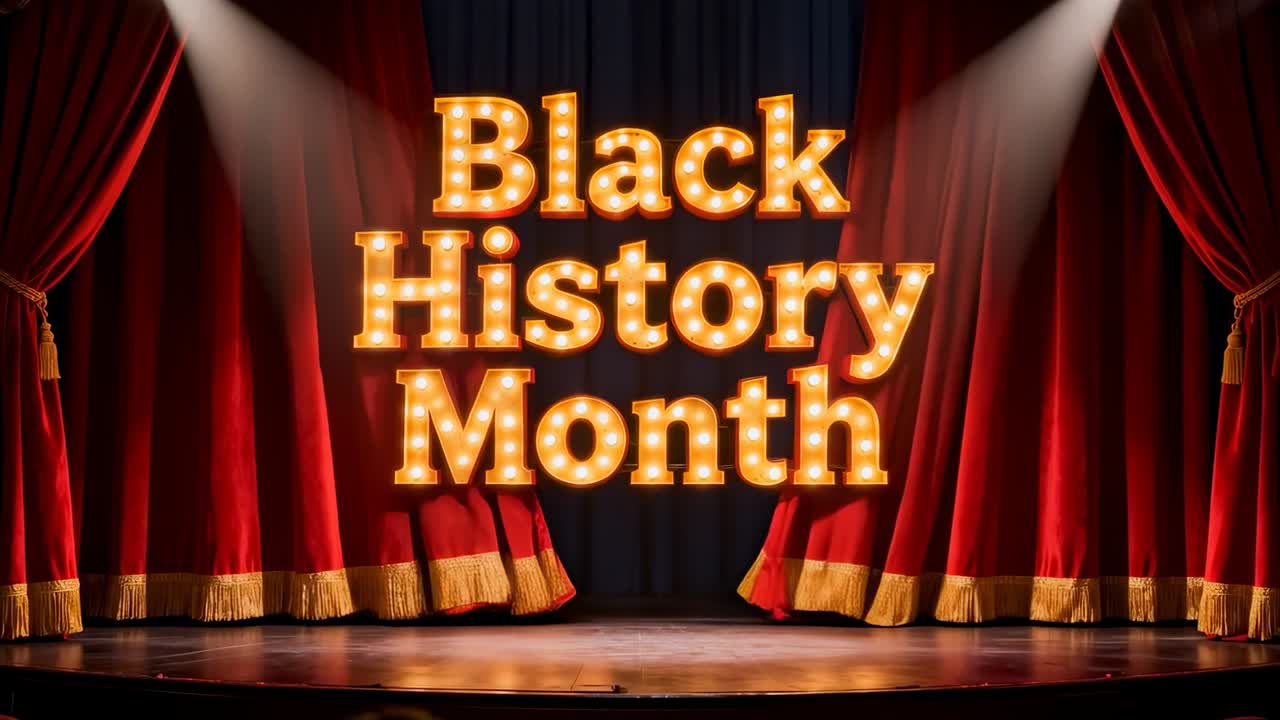 Pesanti tende di velluto rosso che si aprono, rivelando un tendone illuminato con la scritta Mese della storia afroamericana sul palco per l'evento