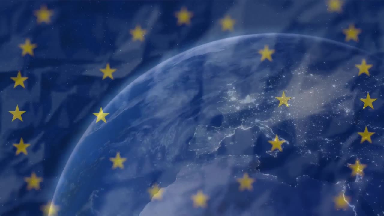 Stelle gialle che girano su sfondo blu, contro un globo sullo sfondo