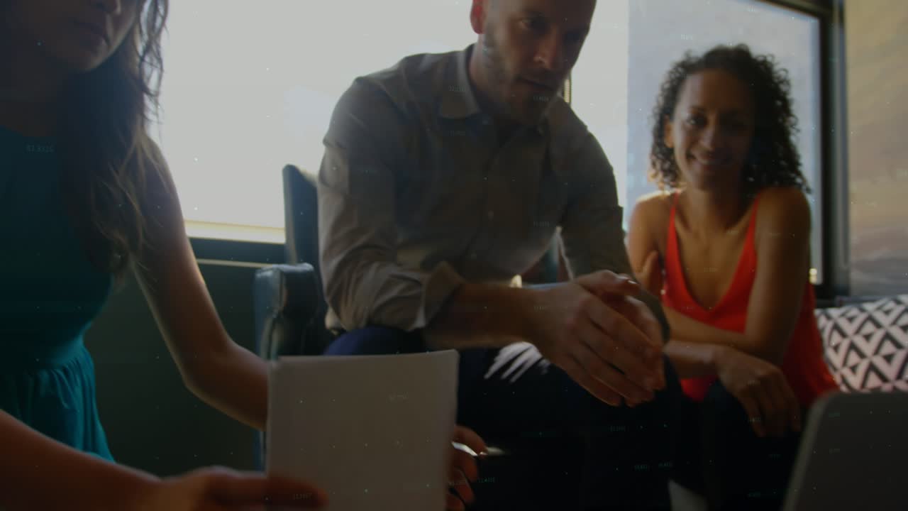 Animation of data processing over diverse business people talking