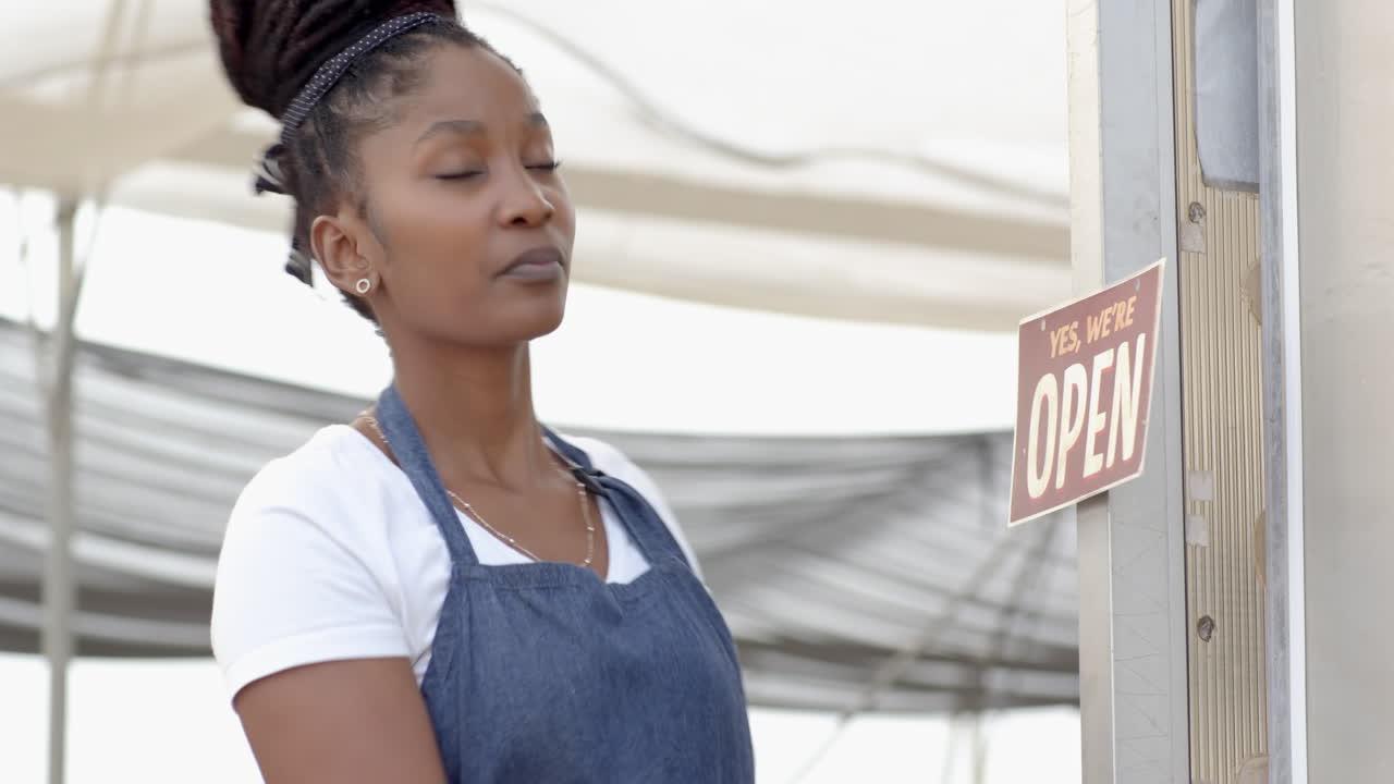 Wearing apron, African American woman looking into distance, appearing thoughtful, in greenhouse