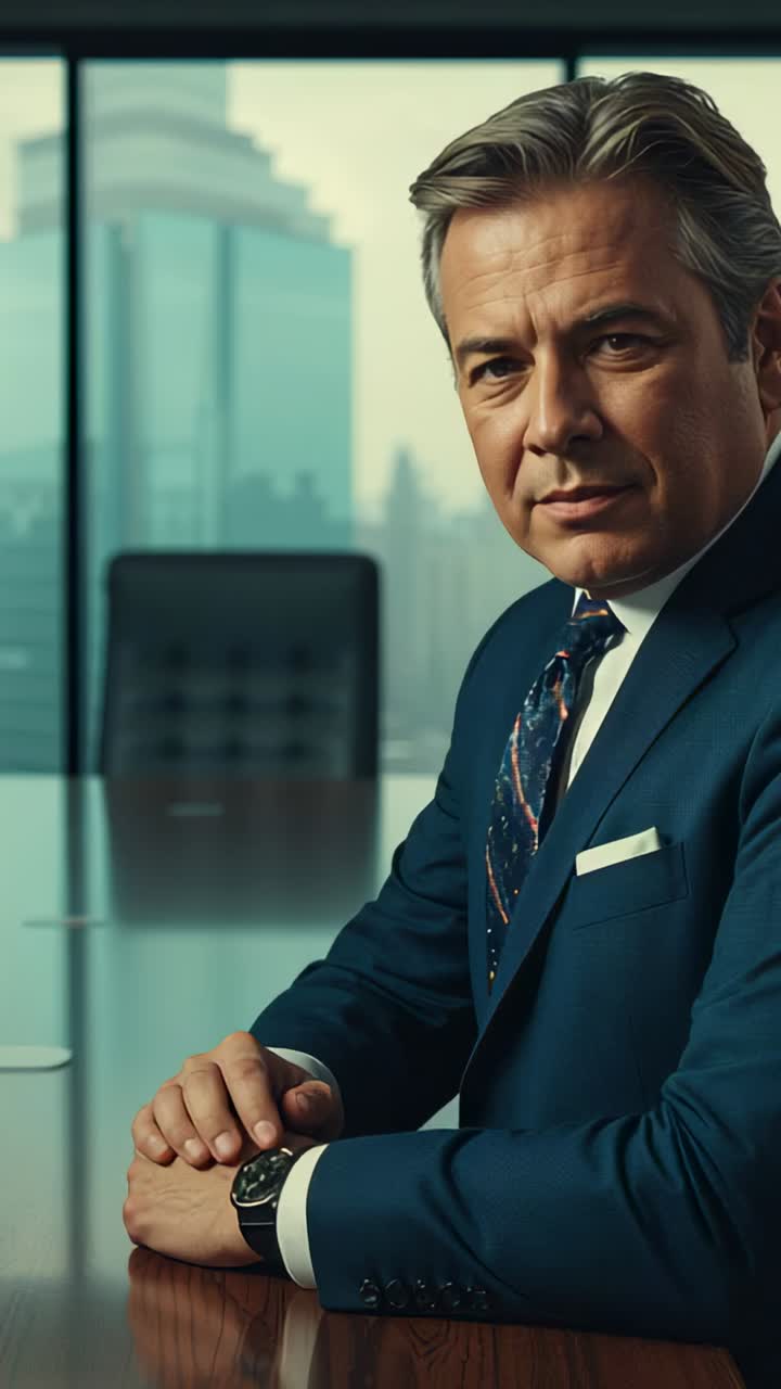 Vertical video: Camera recording man sitting at table, closing eyes, reflecting, suit, copy space