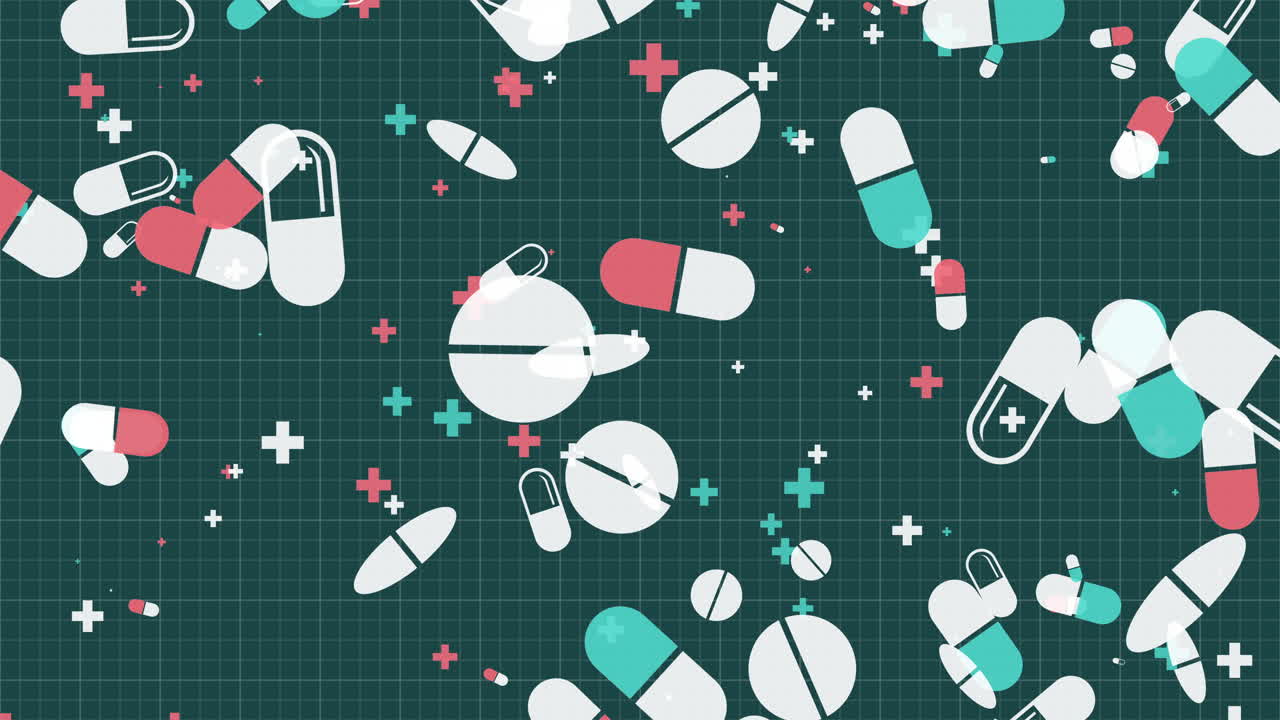 Falling drawn flat icons of red, green and white pills on green background. Medical loop animation.