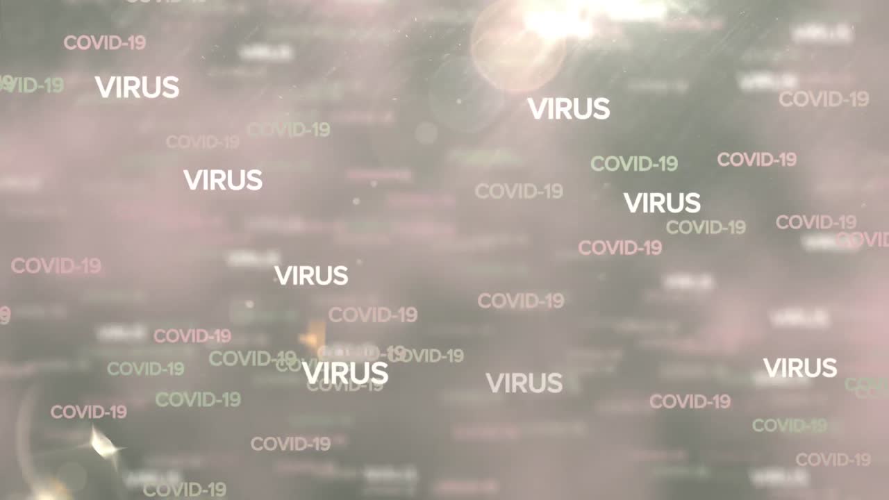 animación de varias palabras virus y covid-19 escritas sobre un fondo gris brillante.