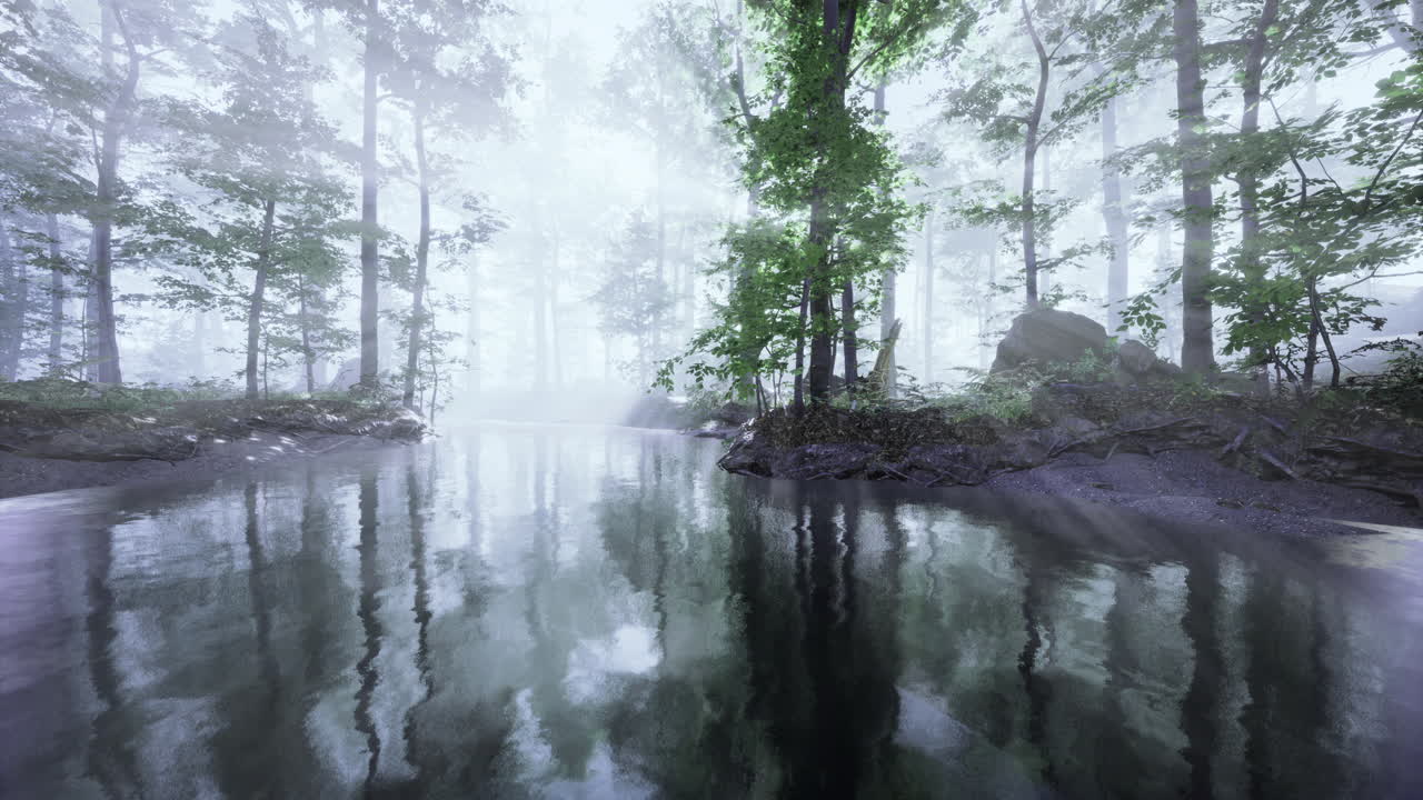 Misty morning tranquility in a serene forest by a reflective water body