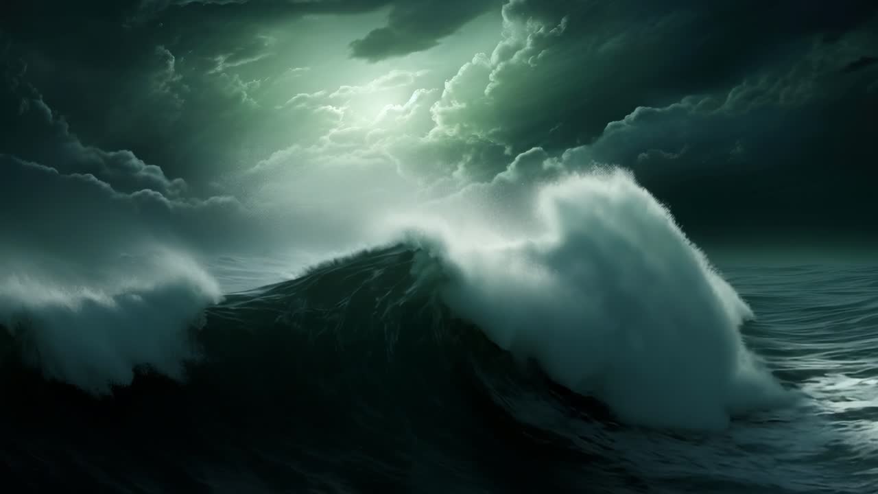 Dramatic ocean waves under a stormy sky, captured from a low angle