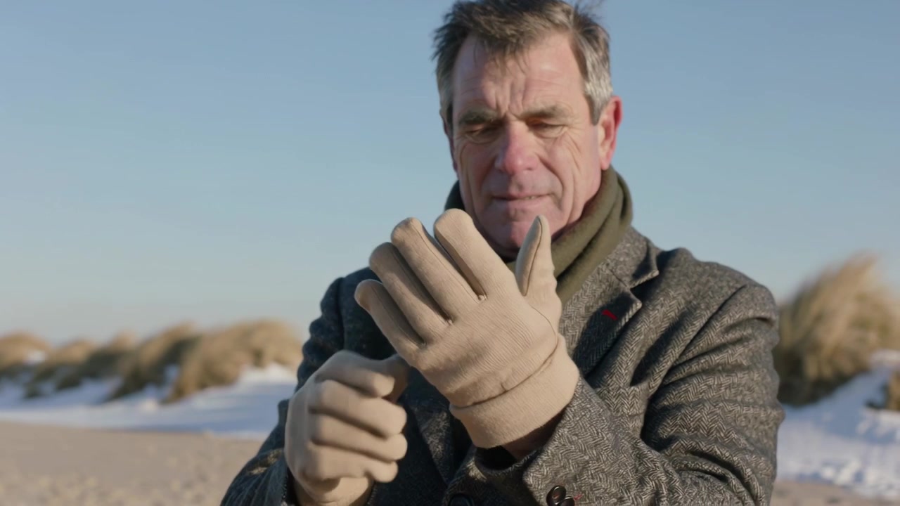 Sentendo freddo, un uomo anziano indossa e aggiusta un guanto color cuoio sulla spiaggia, con un cappotto grigio per scaldarsi.
