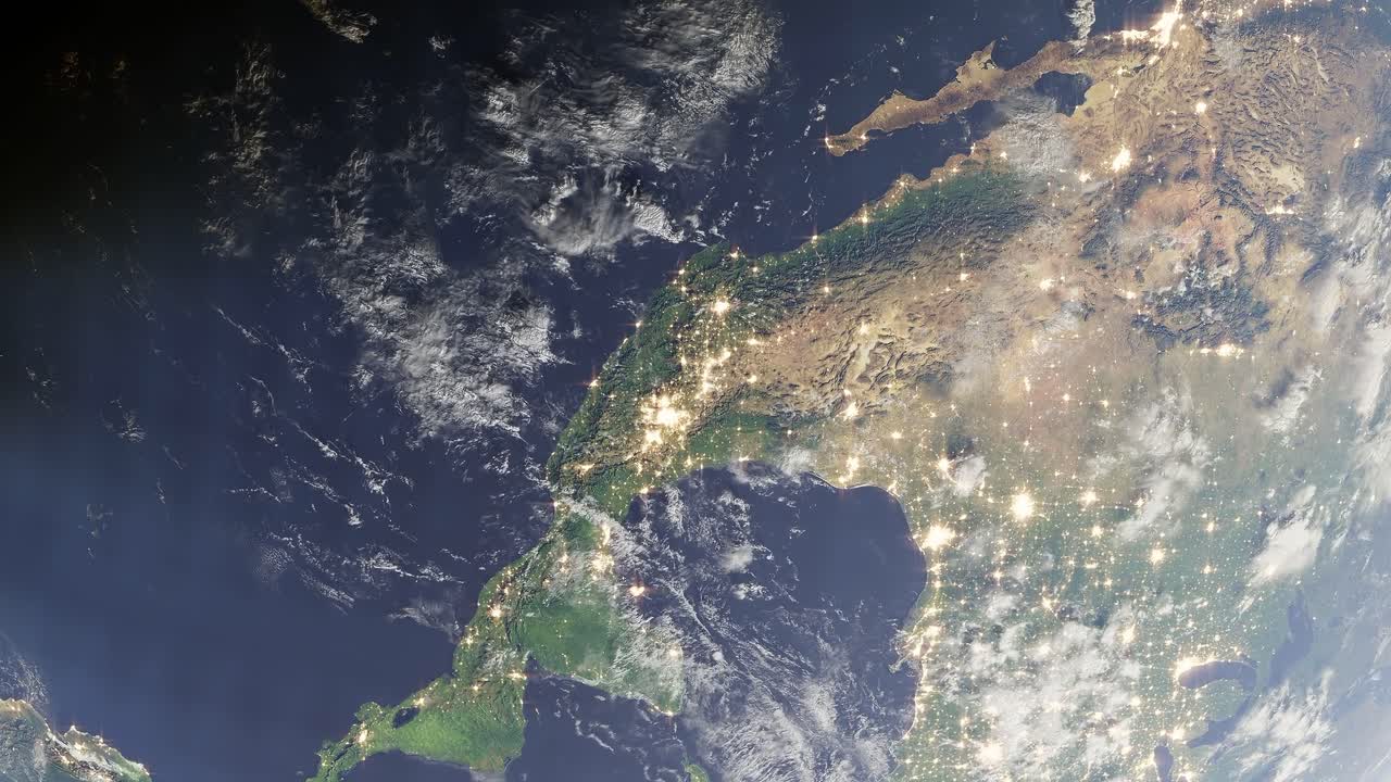 미국과 함께 회전하는 지구 행성의 애니메이션 주요 수도를 보여주는 빛 오염 지도