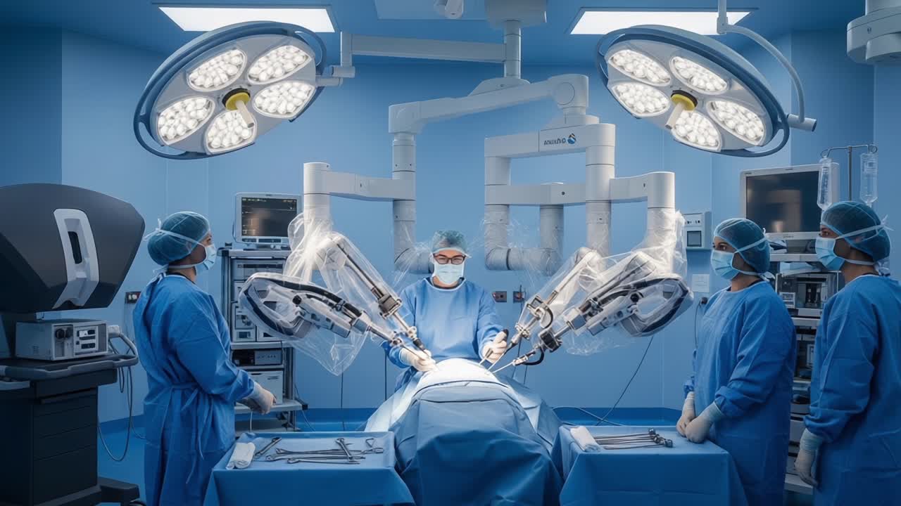 Advanced Robotic Surgery in a High-Tech Operating Room with Medical Professionals Performing a Precision Operation on a Patient Under Bright Surgical Lights