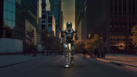 a futuristic robot walks down a city street at dusk