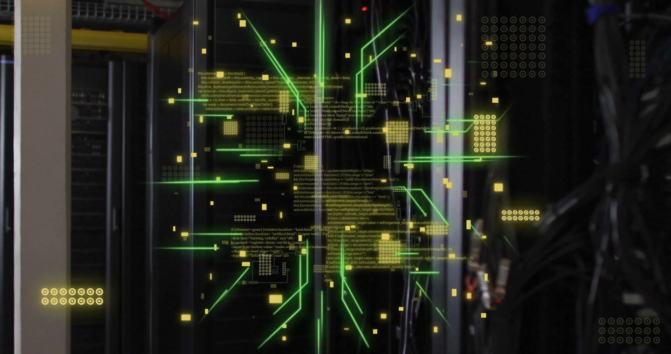 Animation of circuit board and data processing over computer servers