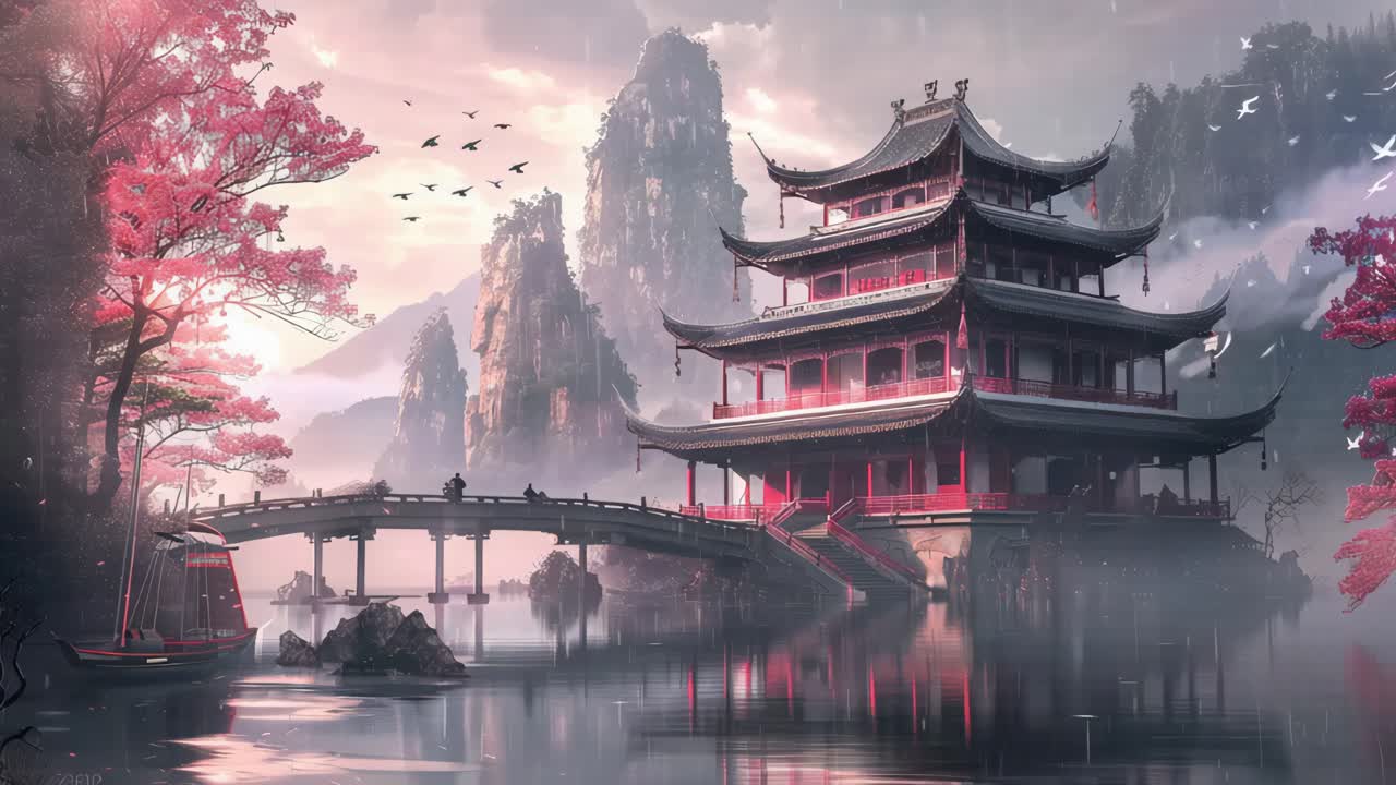 Serene Chinese Temple by a Misty River with Cherry Blossoms