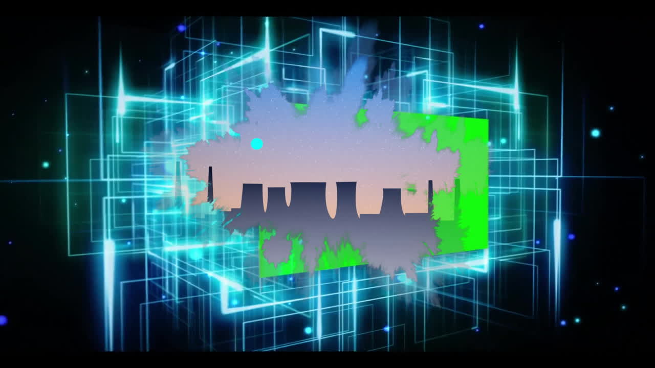 Industrial towers silhouette floating within neon-green bordered rectangle over cyber grid