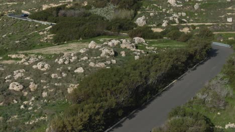 blue car driving fast on the road between the lush fields with green trees and rocks on a hot sunny weather - aerial shot