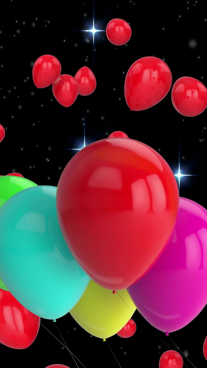 Video verticale: Stelle che si aprono, palloncini che appaiono, un grande rosso in testa, piccoli rossi che salgono per decorazione.