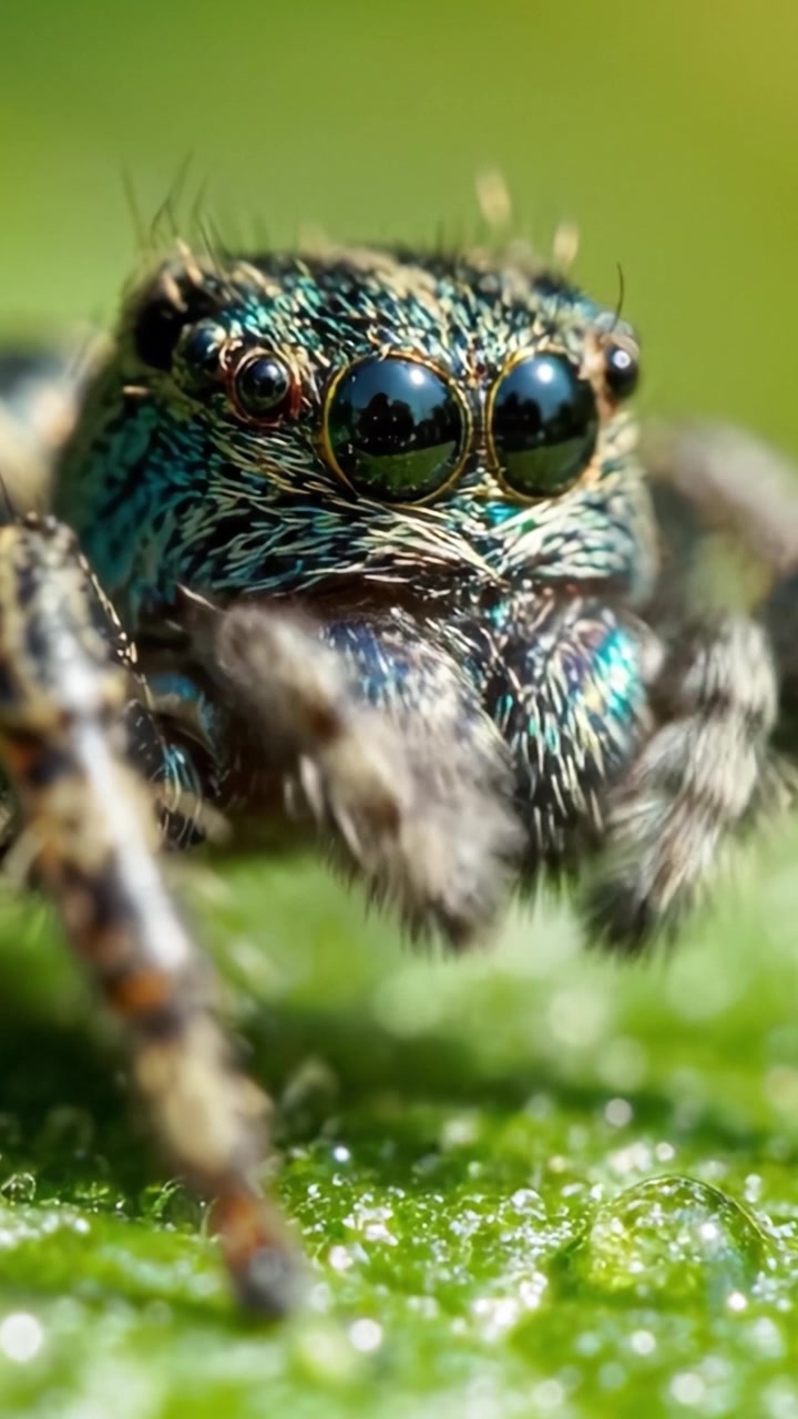 Primo Piano di un Ragno Colorato: Una Vista Dettagliata del Suo Corpo Testurizzato e degli Occhi Sorprendenti su uno Sfondo di Foglia Rugiadosa, Evidenziando il Design Intricato e la Bellezza della Natura