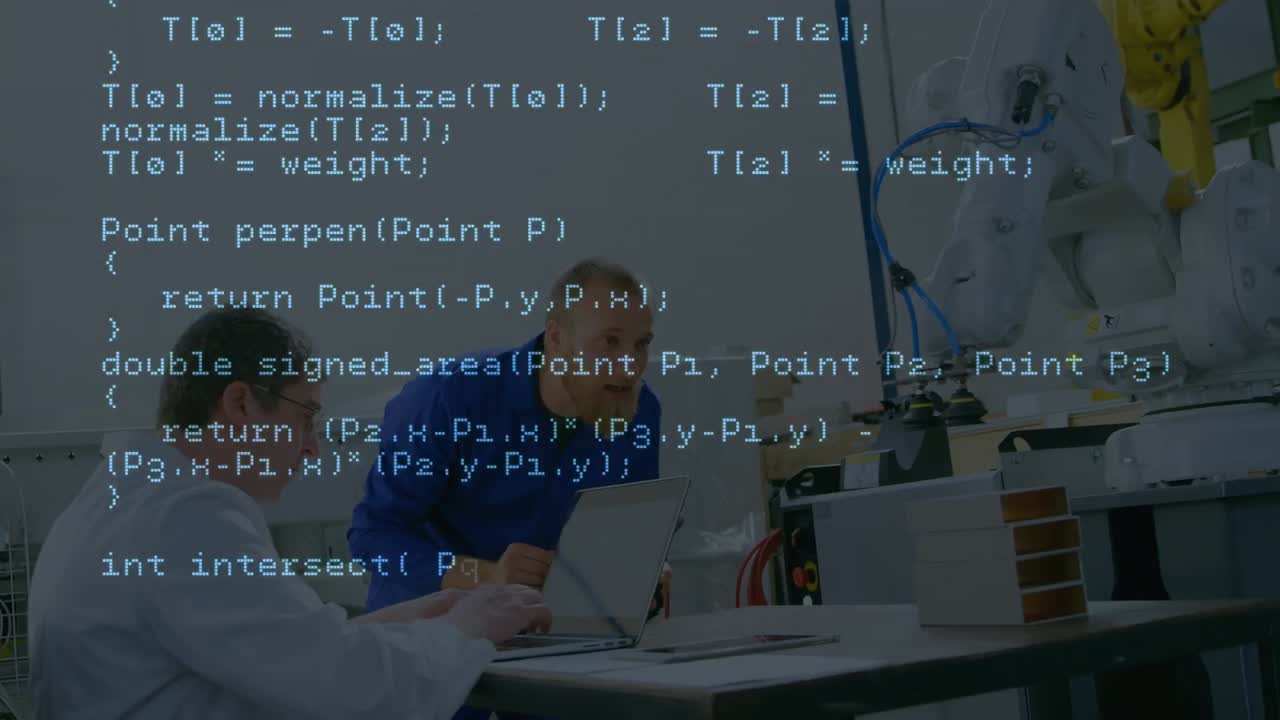 Animation of data processing over caucasian male engineers creating robot