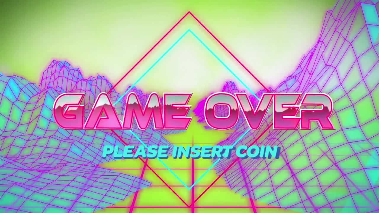 게임 끝 애니메이션 산과 함께 디지털 추상 공간에 동전을  ⁇ 입하십시오